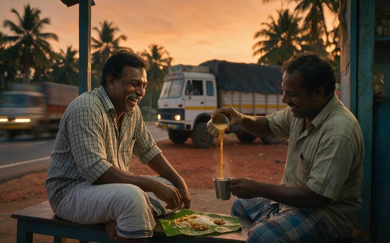 Dinner at the dhaba. The truck rests, the story does not.