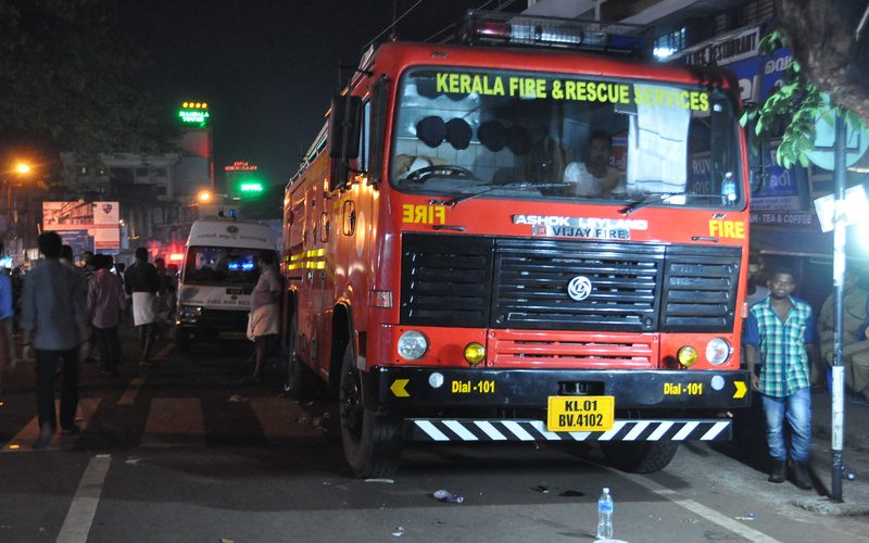Kerala Fire and Rescue Services Ashok Leyland fire engine standby during a festi