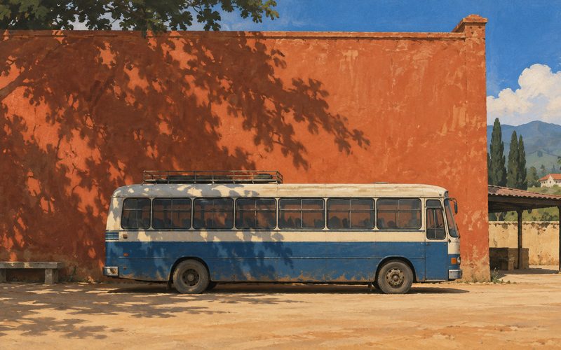 The Noon Stop — A bus, a wall, a patch of shade